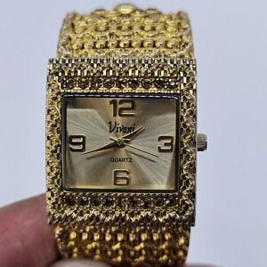 Vivani 28MM Women's Watch Gold Dial Gold Cuff Bracelet Band 5.5" New Battery